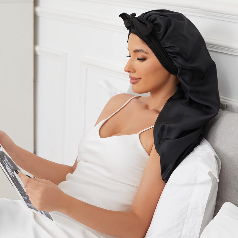 Supaze Long Satin Bonnet for Sleeping, Satin Lined Braid Bonnet with Elastic Band, Adjustable Long Strap Bonnets for Women Braids Dreadlock Curly Hair(Black) - Image 3